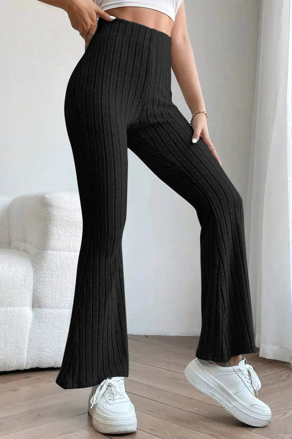 Basic Bae Full Size Ribbed High Waist Flare Pants by Partner Label