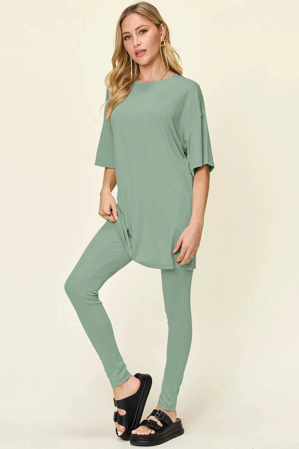 Double Take Full Size Round Neck Dropped Shoulder T-Shirt and Leggings Set by Double Take