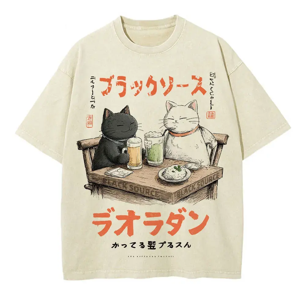 Japanese Cat Cartoon Graphic Baggy T-Shirt Men Streetwear by Vimost Shop
