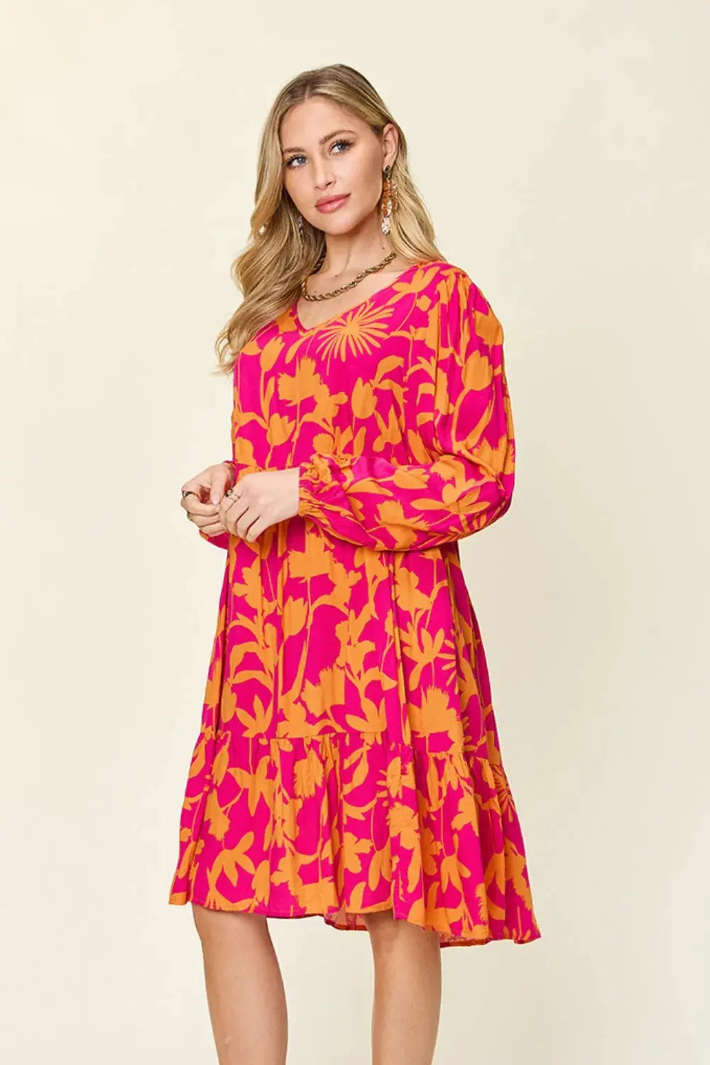 Double Take Full Size Printed Ruffle Hem Dress with Pocket by Double Take