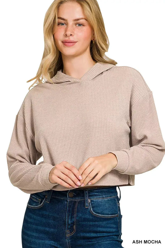 Zenana Drop Shoulder Ribbed Crop Hoodie by Zenana