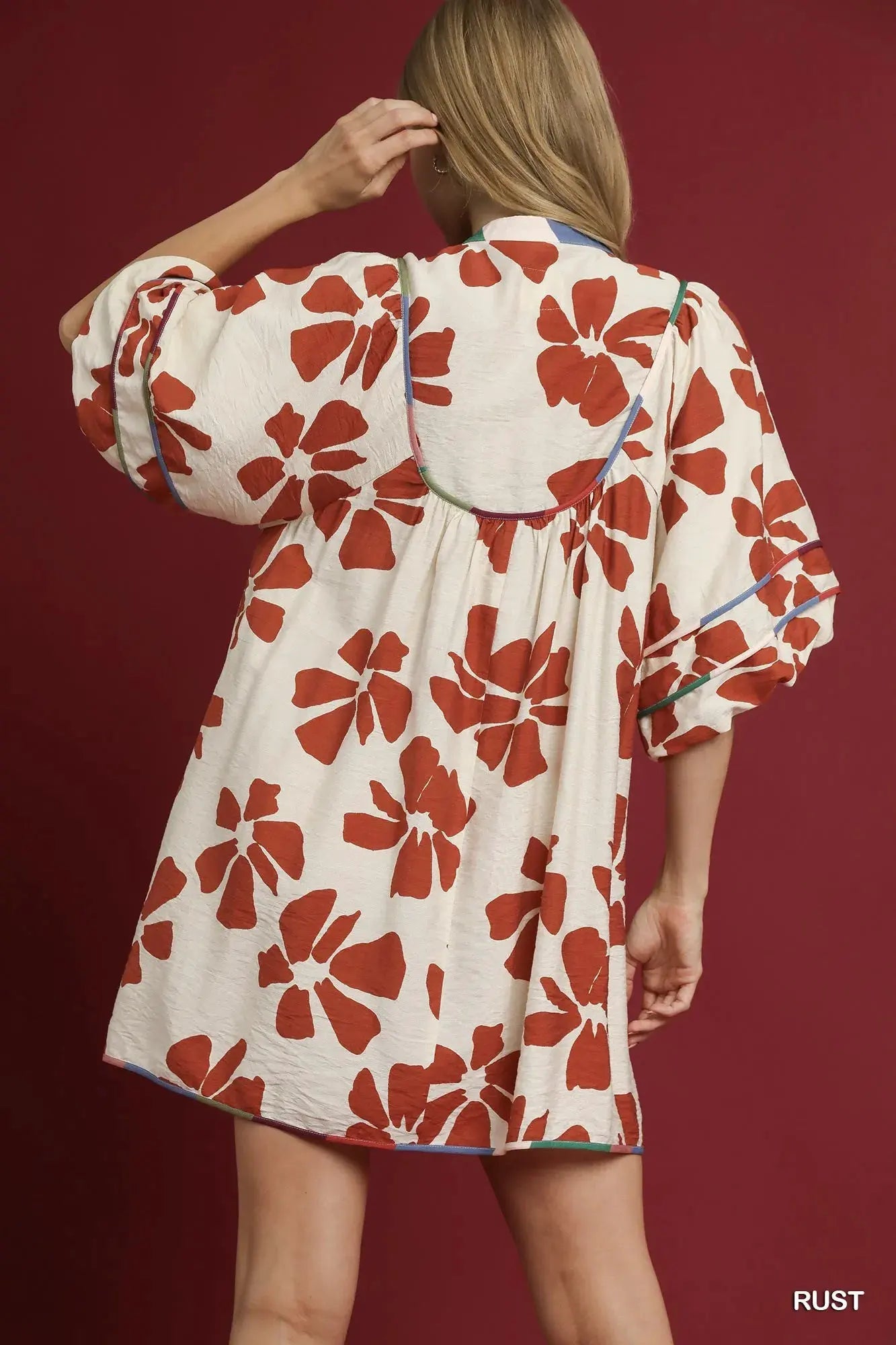 Umgee Two Tone Floral Tie-Neck Babydoll Dress by Umgee