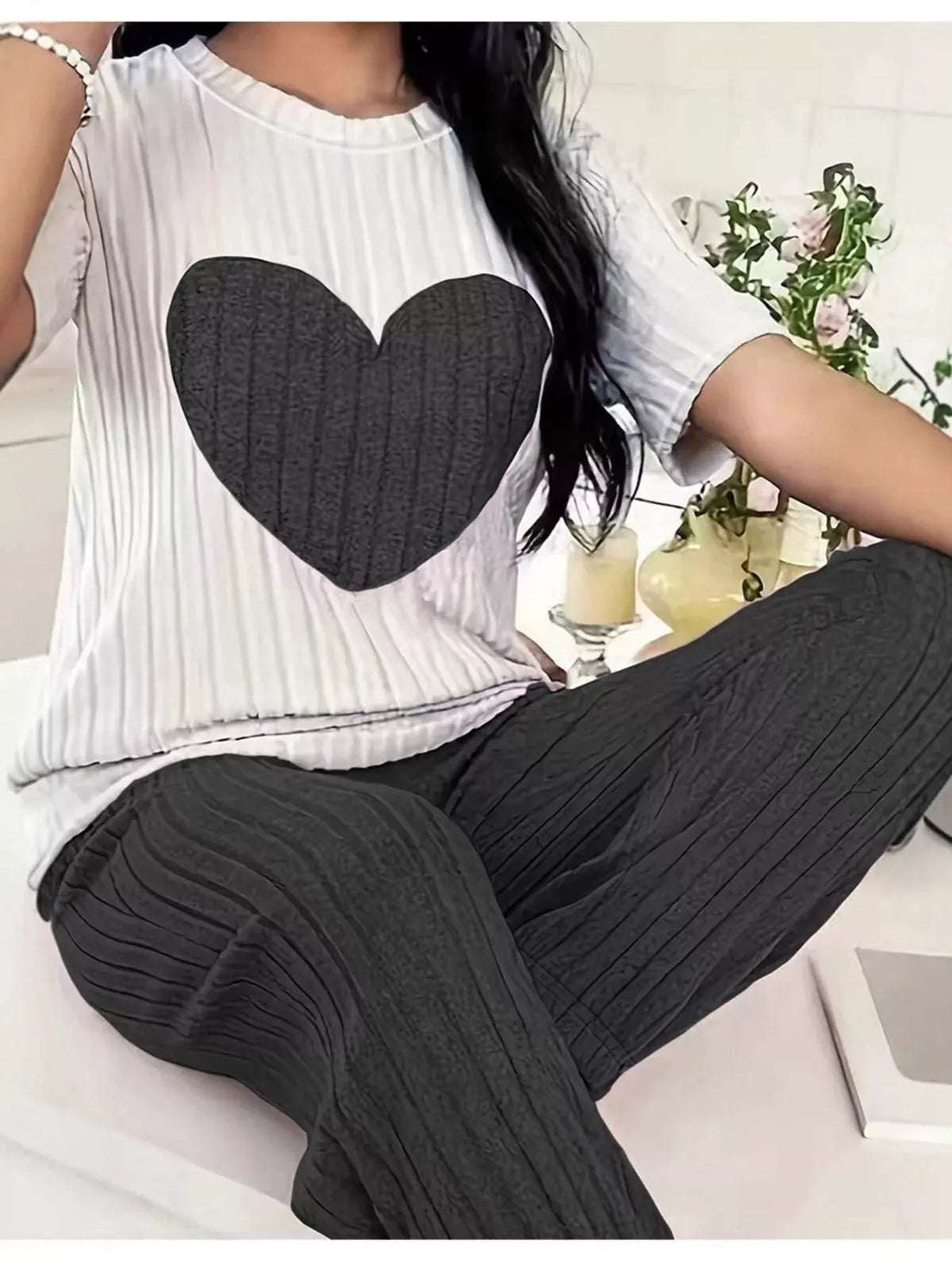 Heart Ribbed Knit Top and Pants Lounge Set by Partner Label