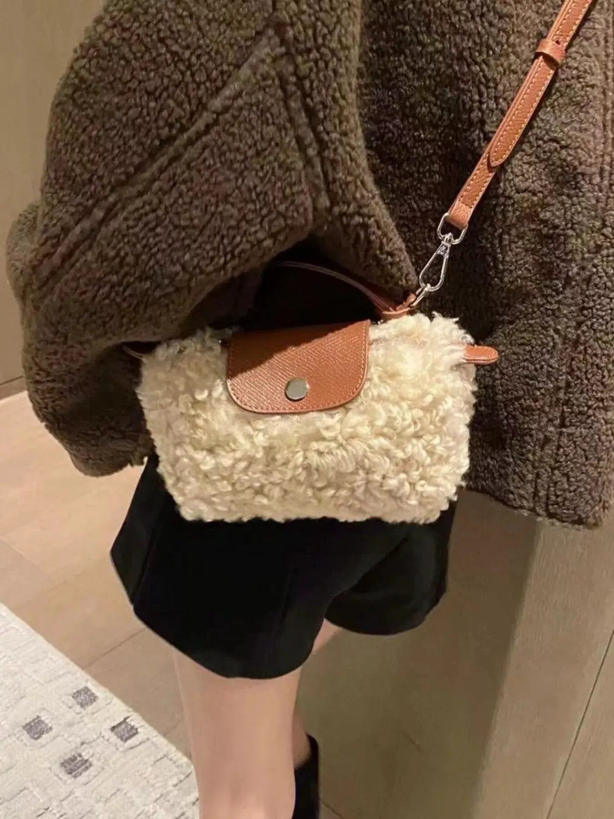 Fluffy Crossbody Bag with Leather Accents by Partner Label