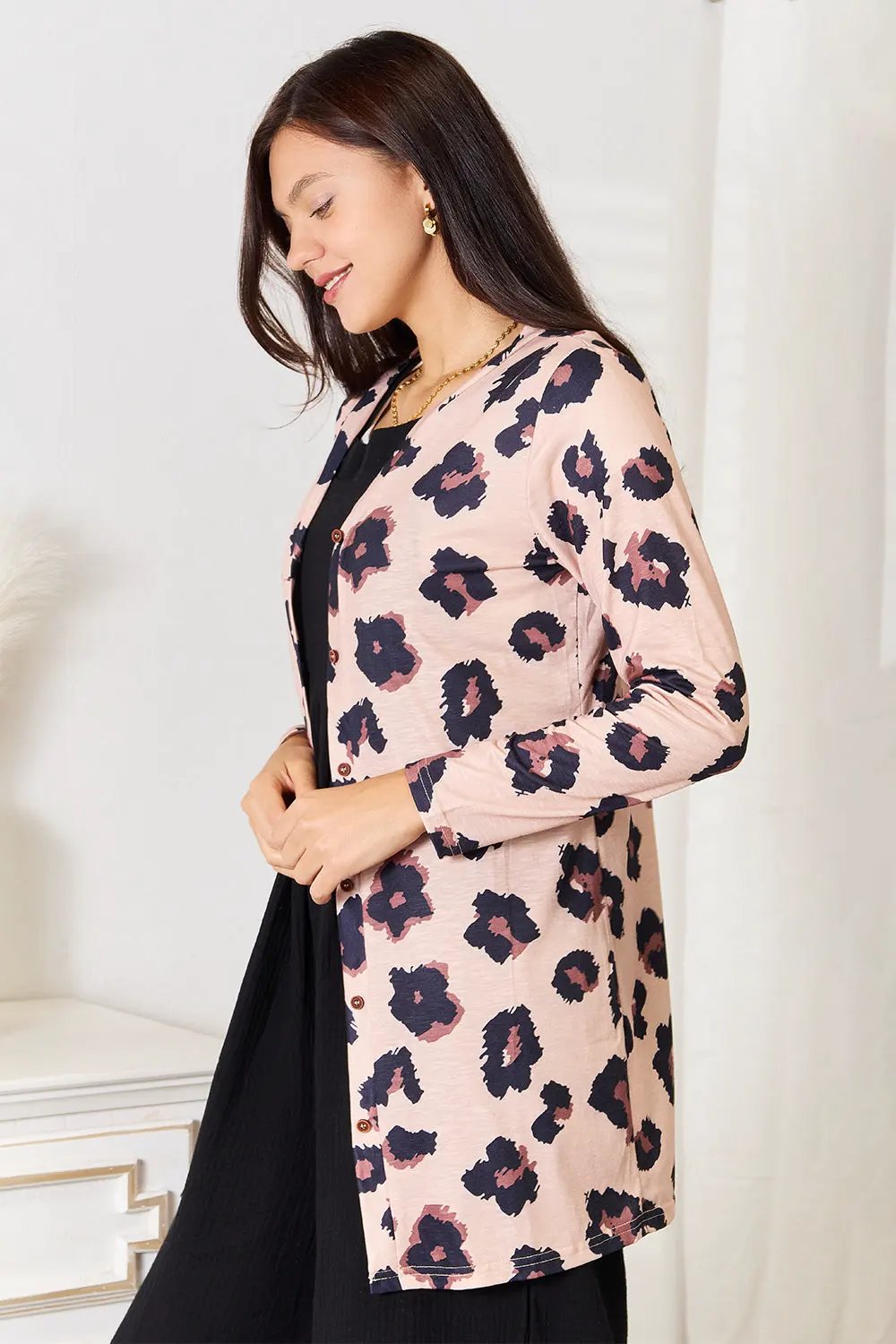Double Take Printed Button Front Longline Cardigan by Double Take