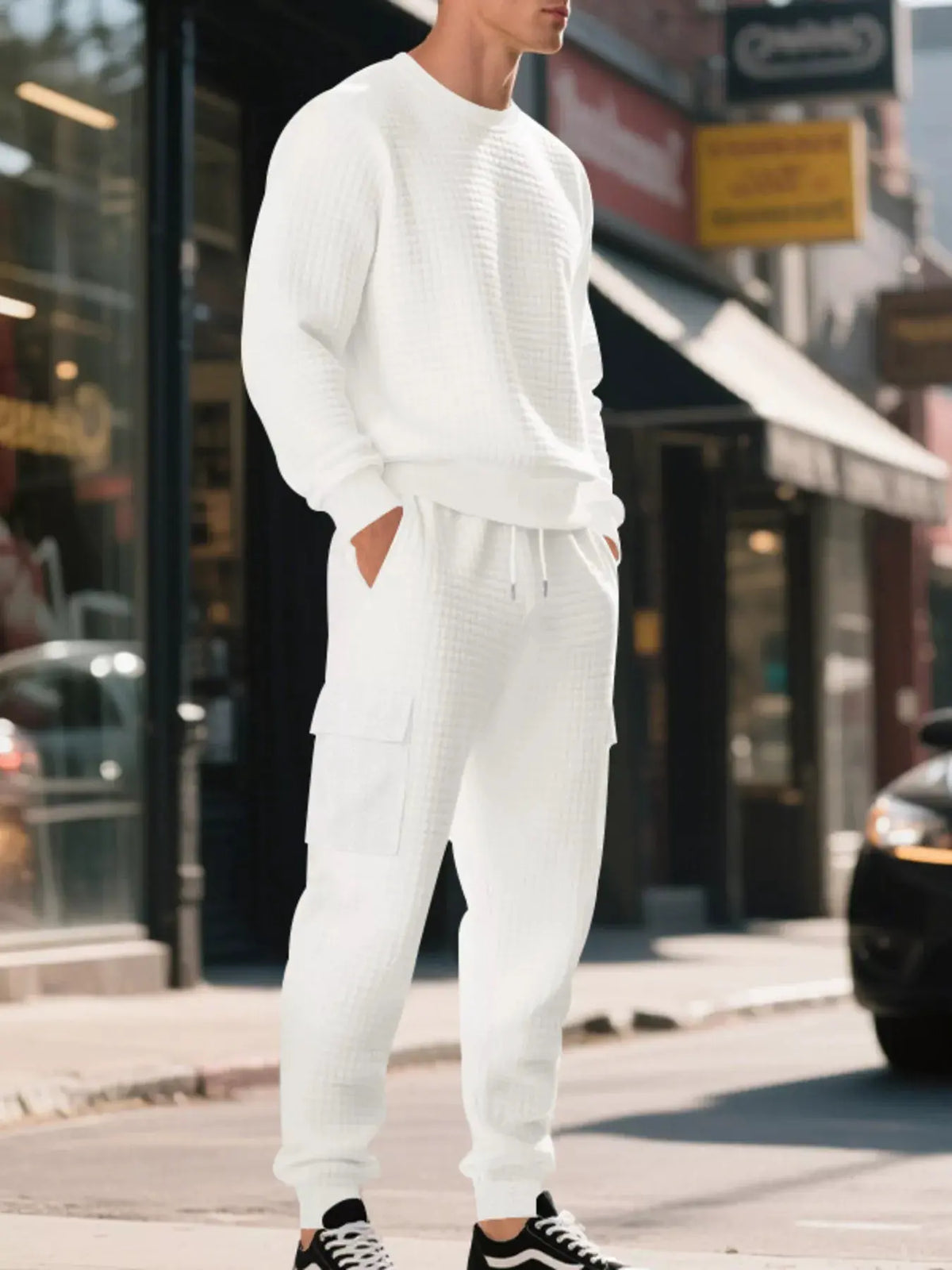 Men's Plus Size Waffle Knit Textured Crewneck Sweatshirt and Jogger Set by Trendsi
