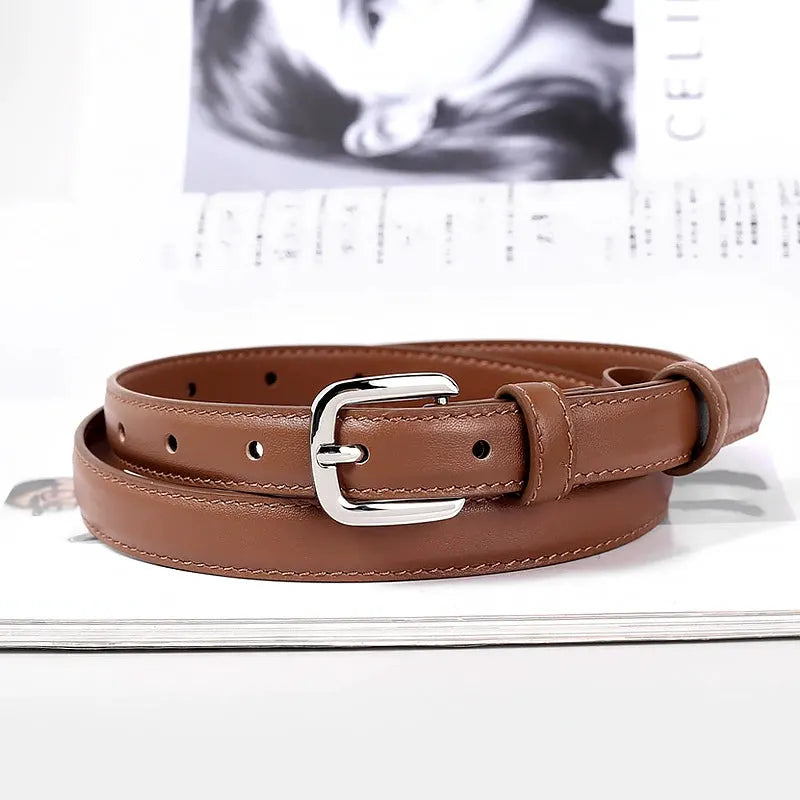 Classic Leather Skinny Belt with Silver Buckle by Trendsi