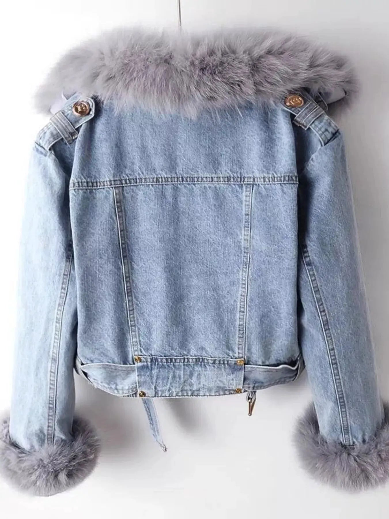 Full Size Faux Fur Collar Denim Jacket Plus Size by Partner Label