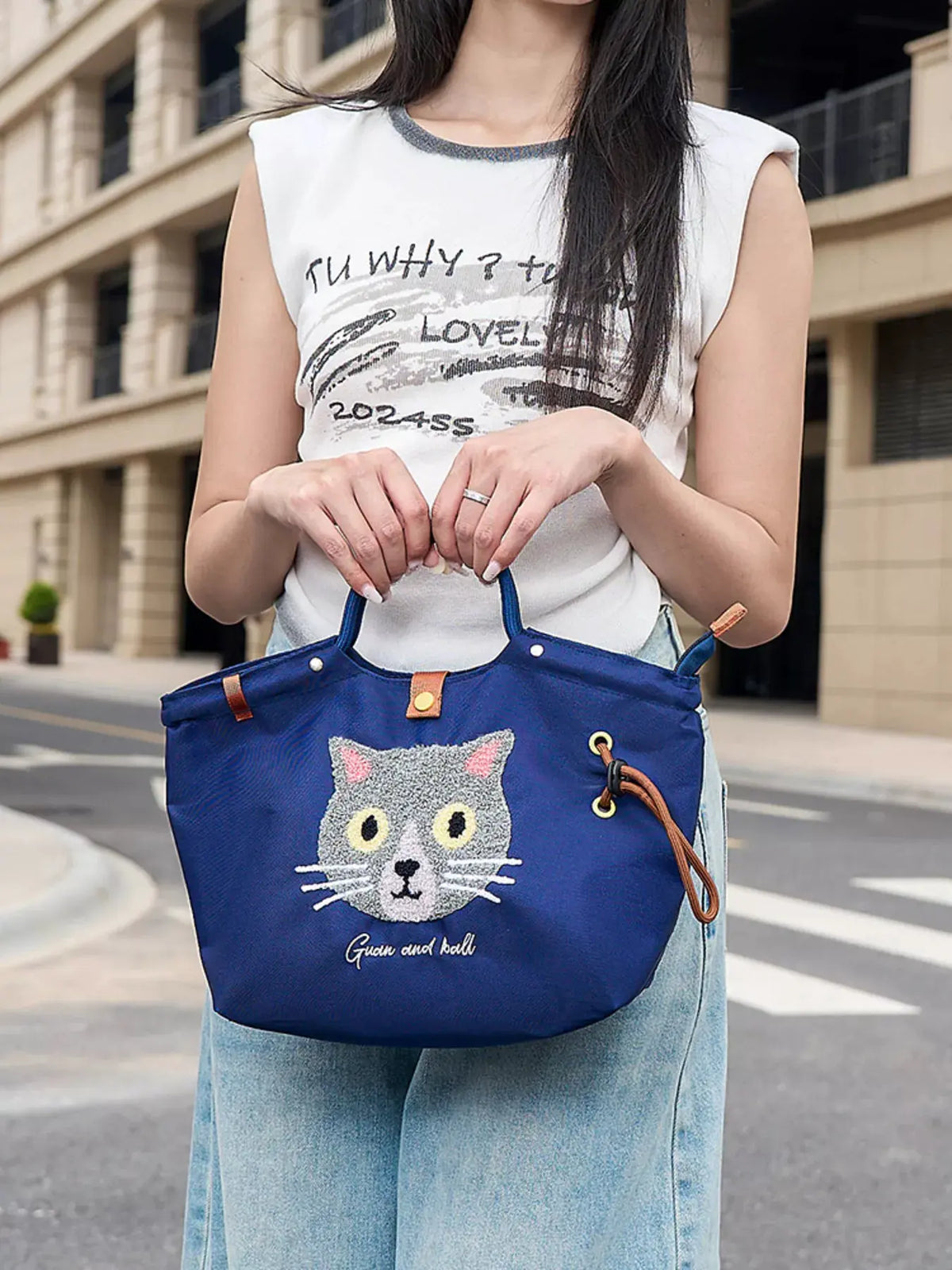 Embroidered Cat Tote Bag with Adjustable Shoulder Strap by Partner Label