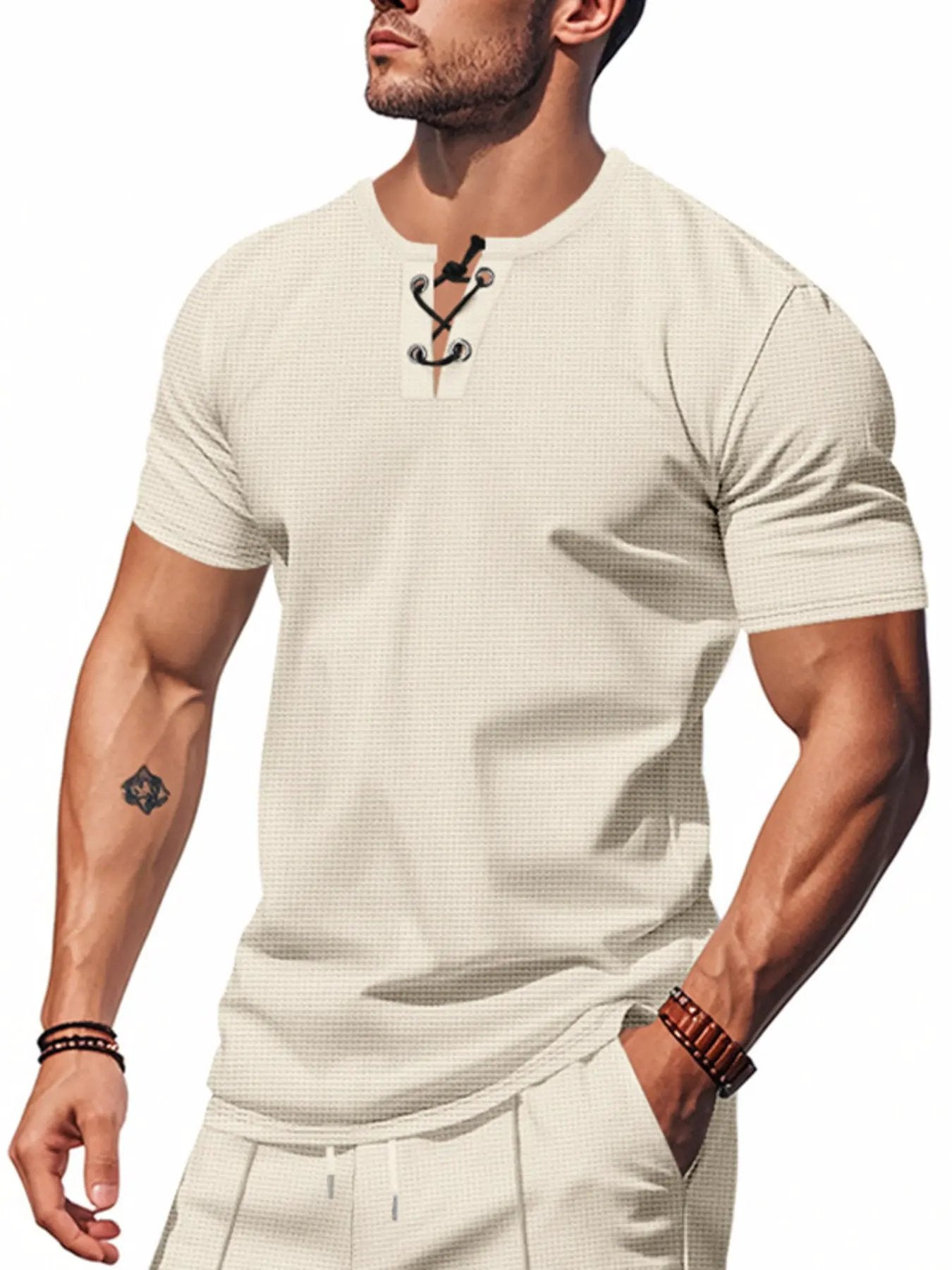 Men's Full Size Lace-Up Neck T-Shirt Plus Size by Trendsi