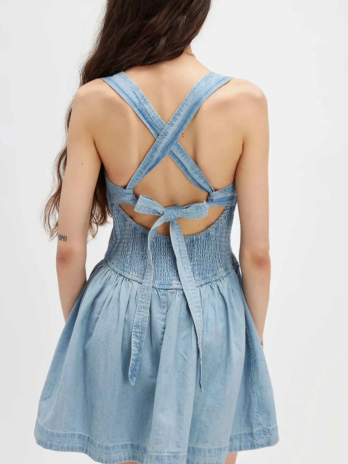 Smocked Crisscross Back Denim Mini Dress by Partner Label