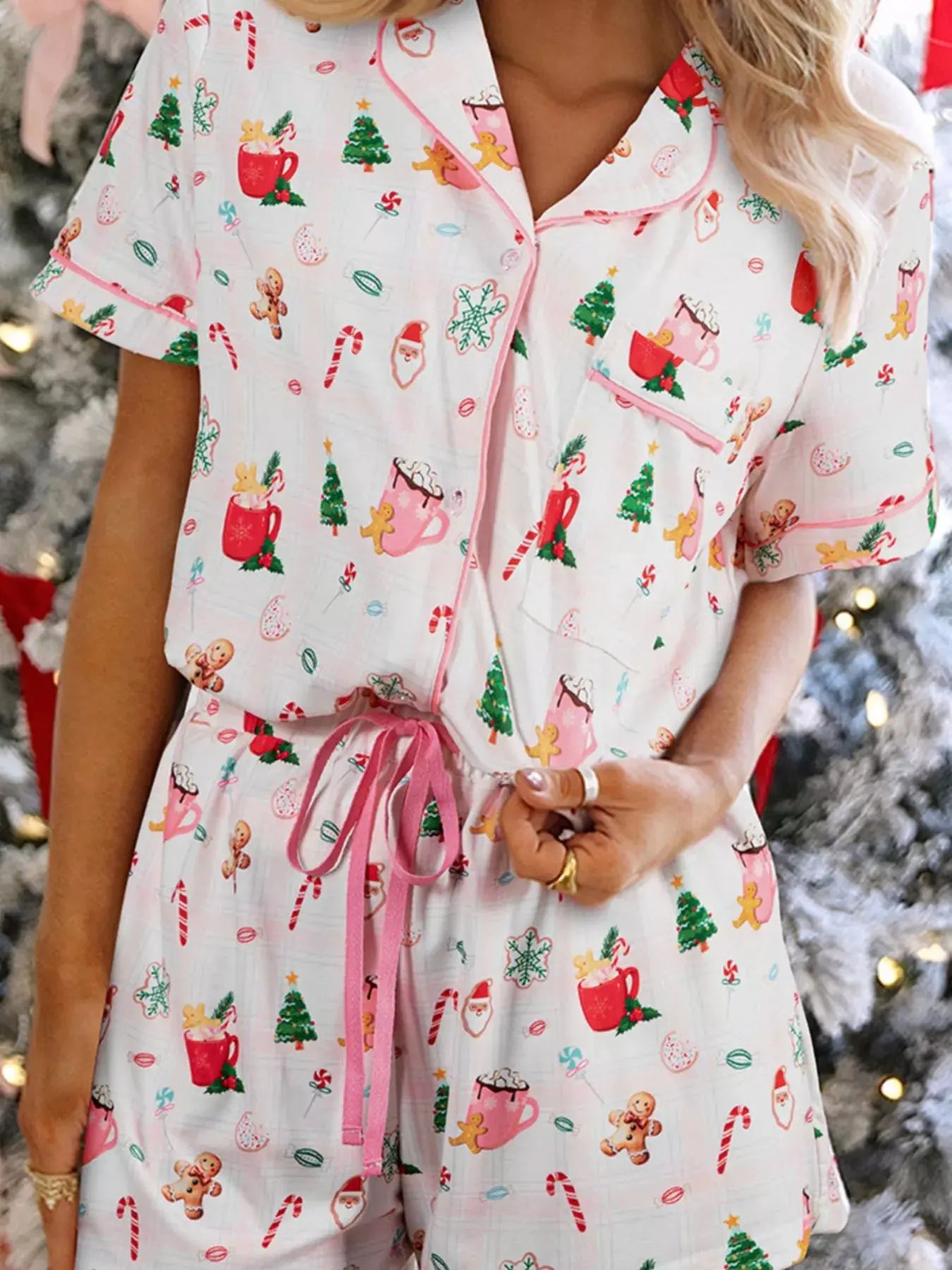 Christmas Print Button Up Top and Shorts Lounge Set by Partner Label
