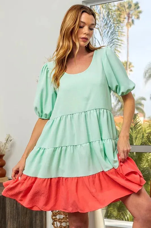 BiBi Two-Tone Balloon Sleeves U Neck Tiered Ruffle Hem Mini Dress by BiBi