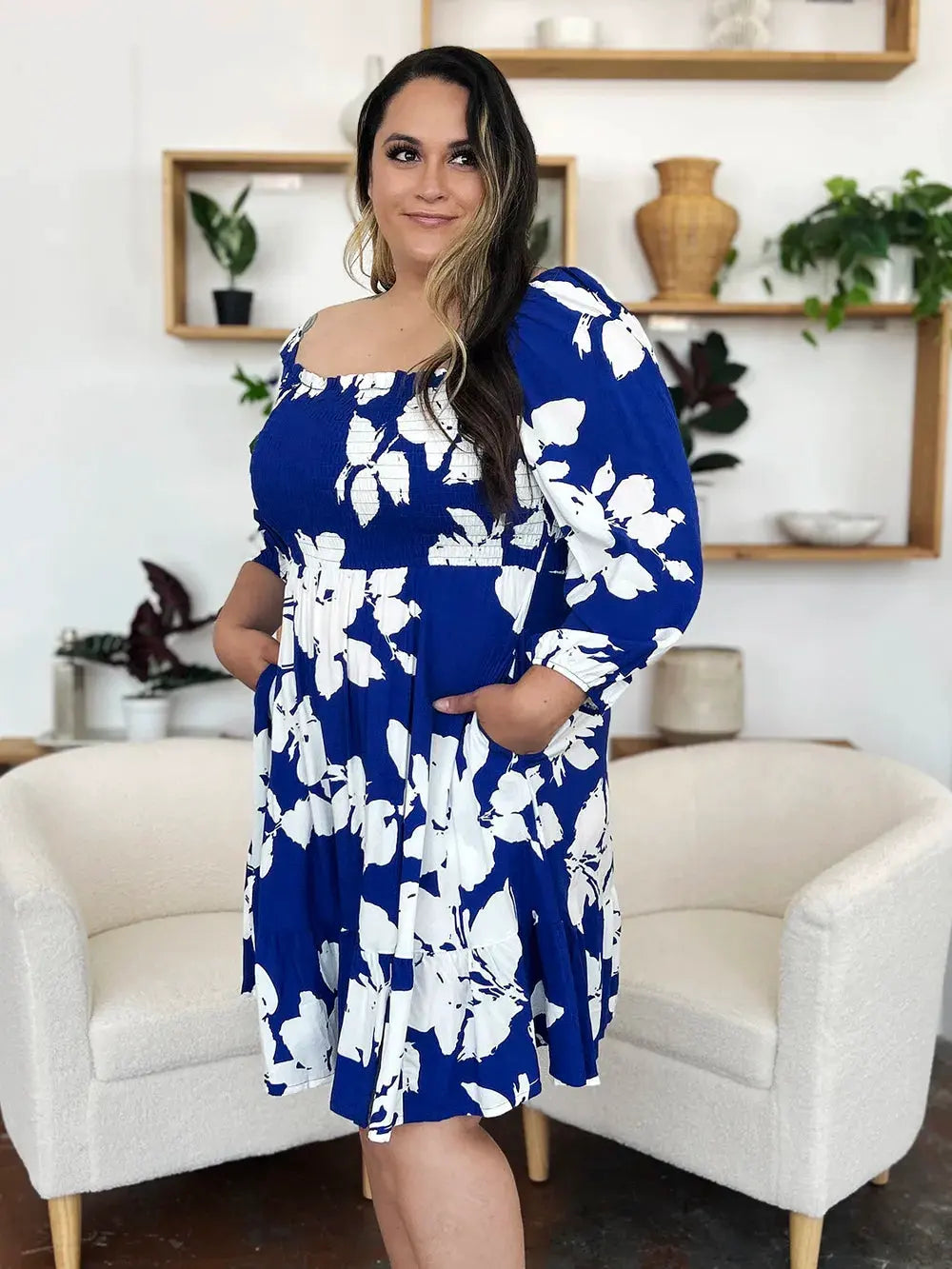 Double Take Full Size Floral Ruffle Hem Smocked Dress with Pockets by Double Take