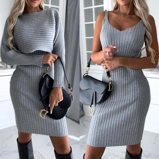 2pcs Suit Women's Solid Stripe Long-sleeved Top And Tight Suspender Skirt Fashion Autumn Winter Slim Clothing by Maiden-Art