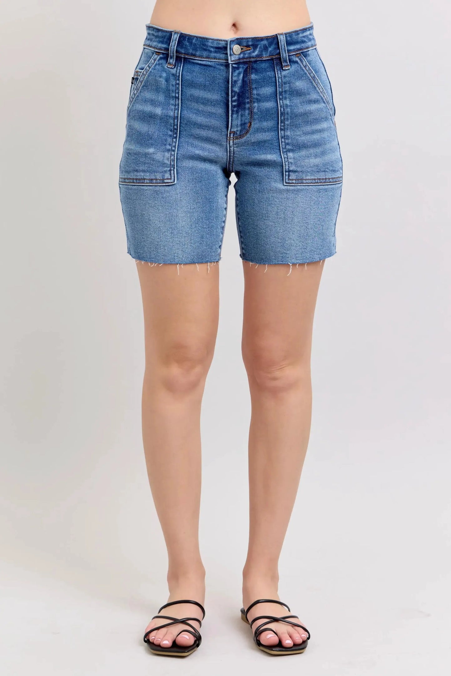 Judy Blue Full Size Mid Rise Bermudas Denim Shorts W/ Back Flap Pockets Plus Size by Judy Blue