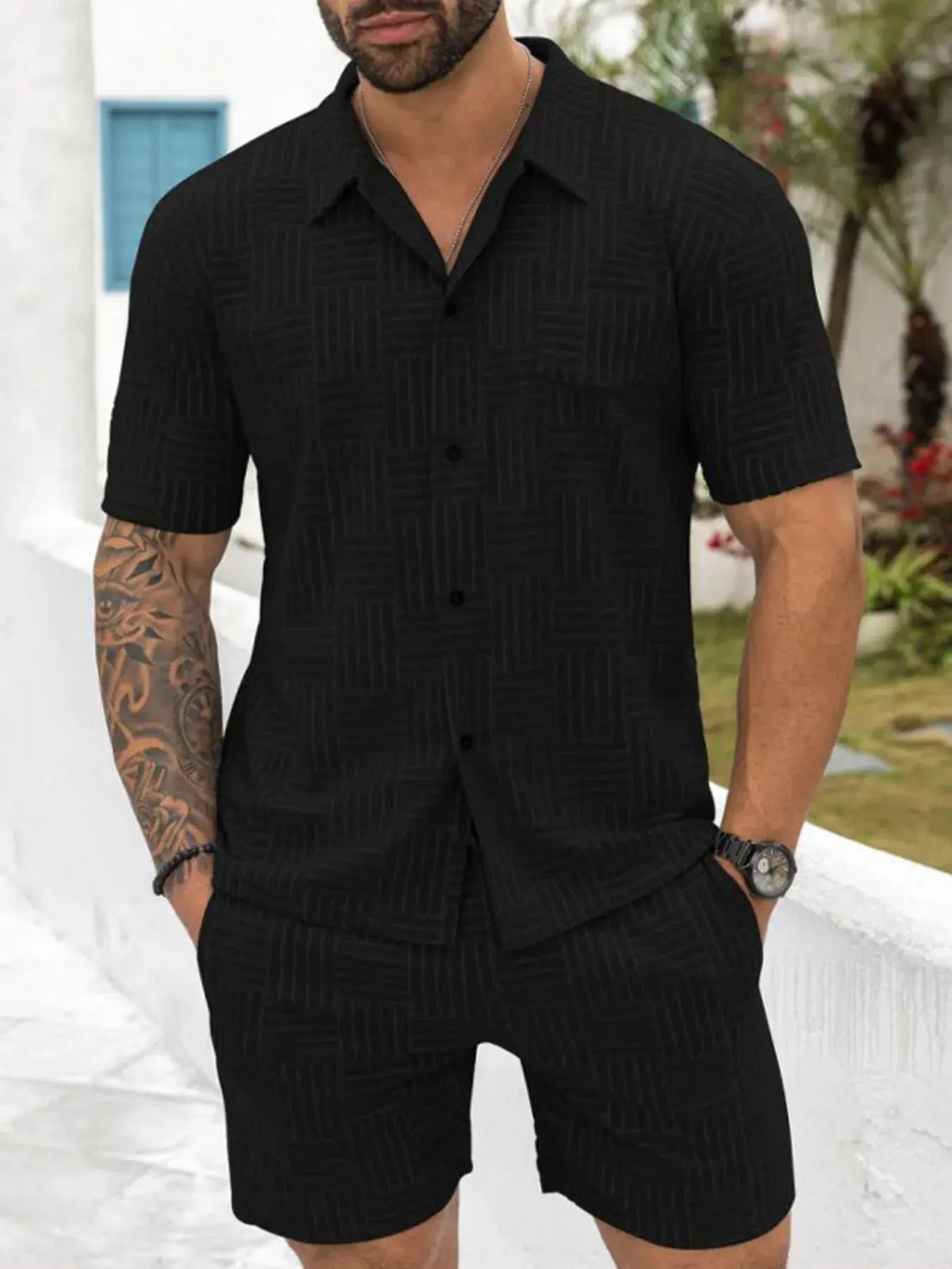 Men's Full Size Button Up Short Sleeve Top and Shorts Set Plus Size by Trendsi