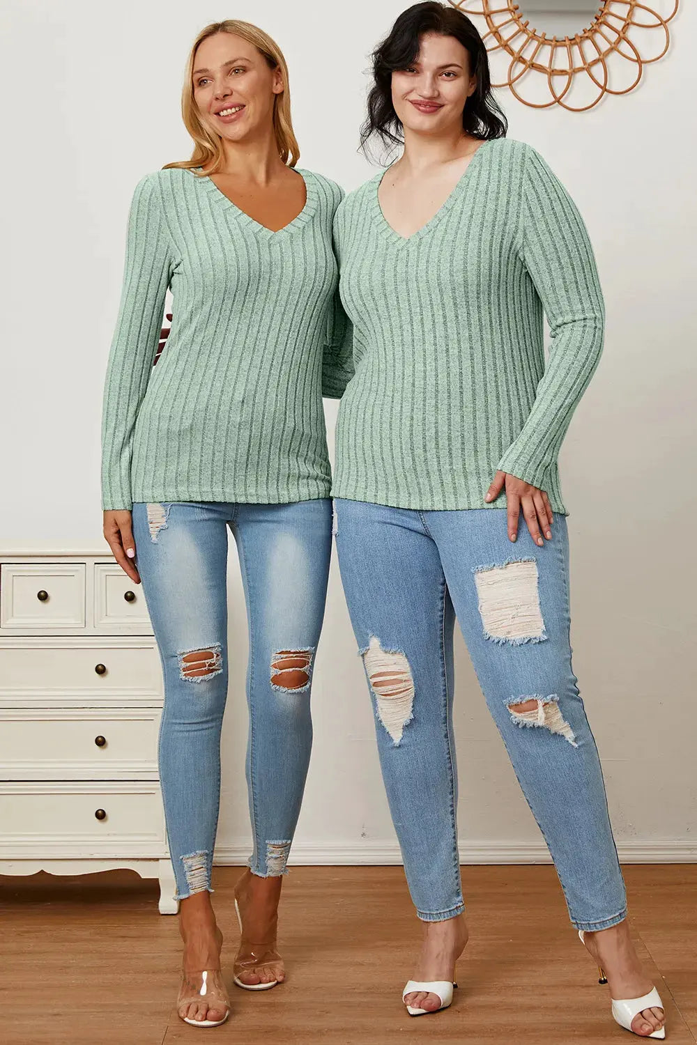 Full Size Ribbed V‑Neck Long Sleeve T‑Shirt | Partner Labels Selection by Partner Label
