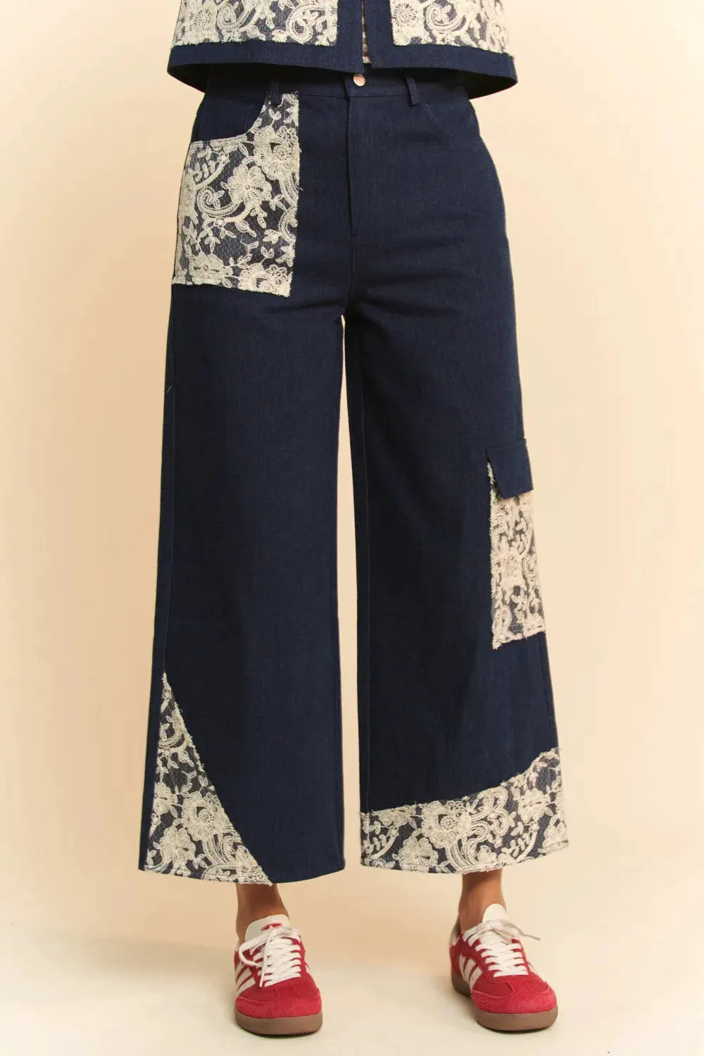 Davi & Dani Lace Applique Wide Leg Jeans by Davi & Dani