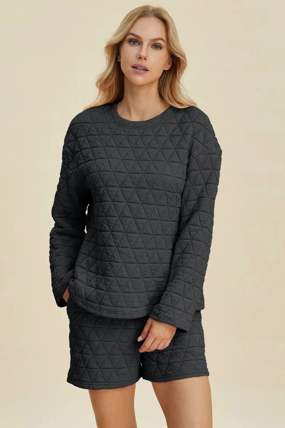 Double Take Full Size Texture Round Neck Long Sleeve Top and Shorts Set by Double Take