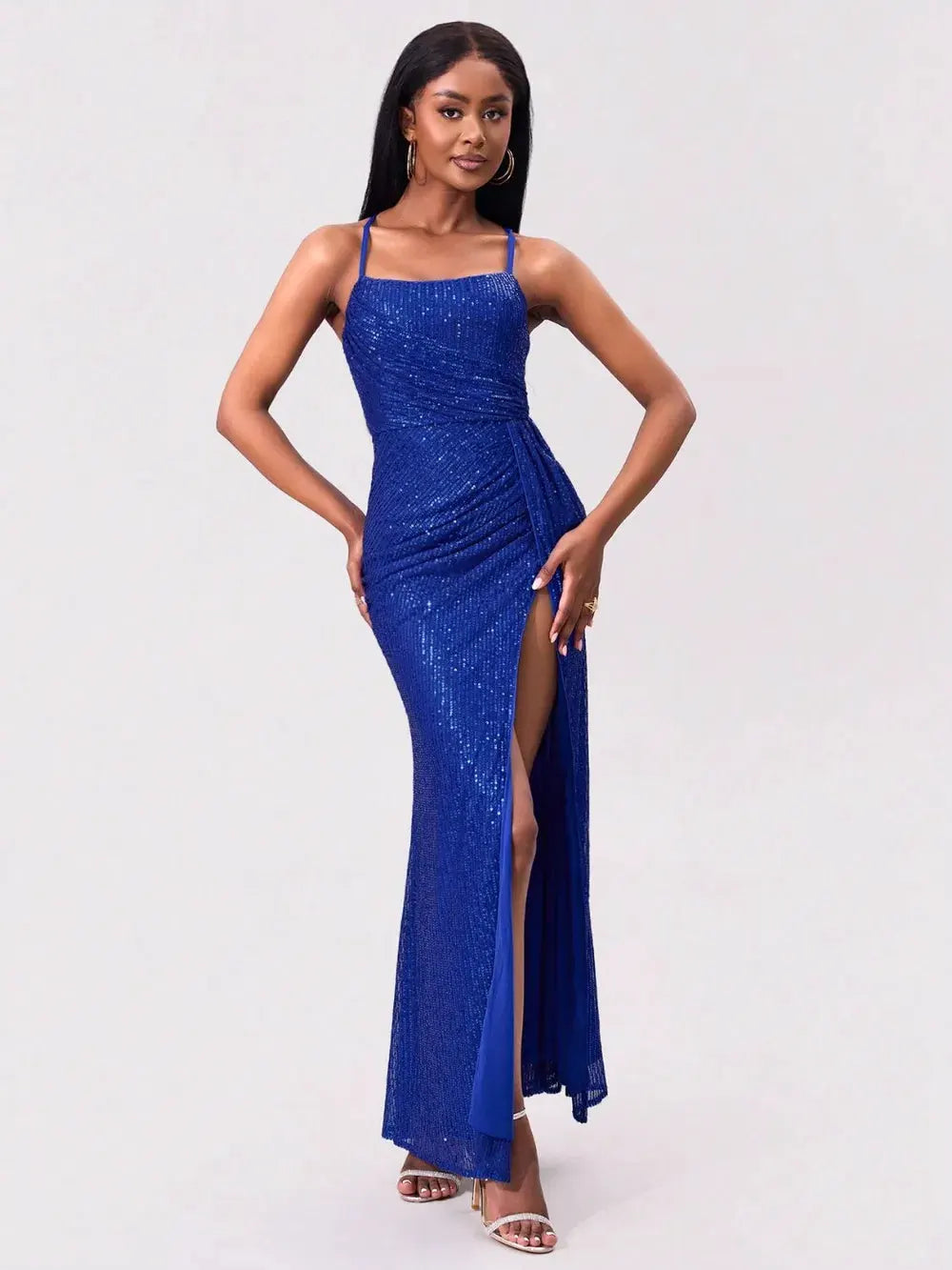 Slit Sequin Square Neck Spaghetti Strap Dress by Partner Label