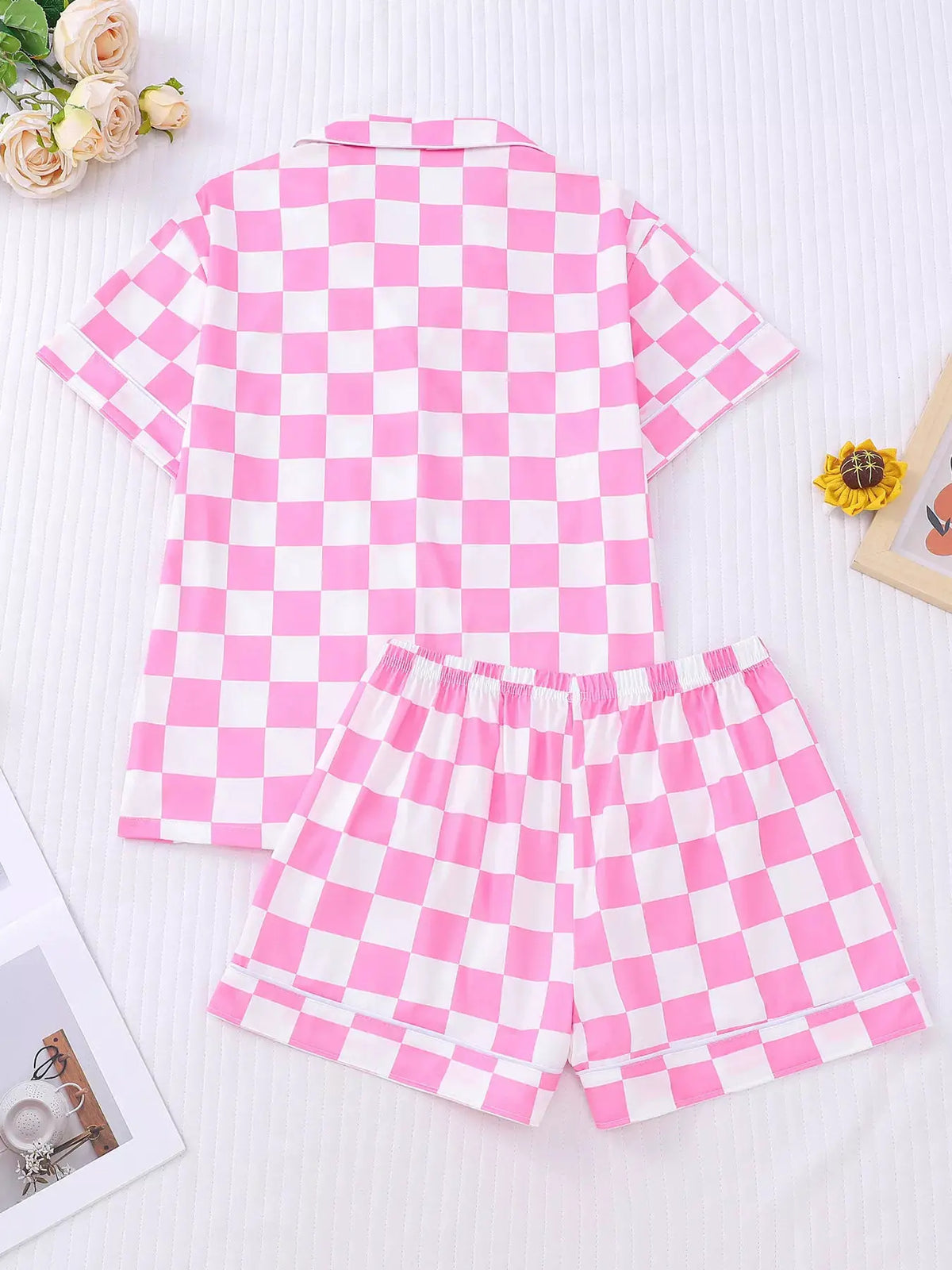 Checkered Print Button Up Top and Shorts Lounge Set by Partner Label