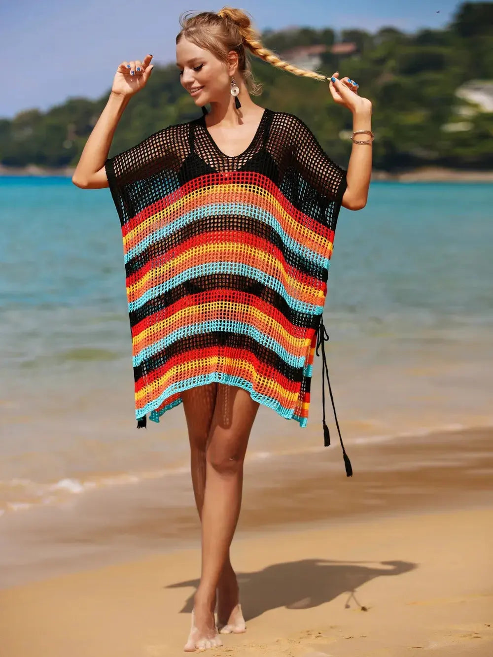 Angel Wings Cutout Striped Cover-Up with Tassel by Partner Labels