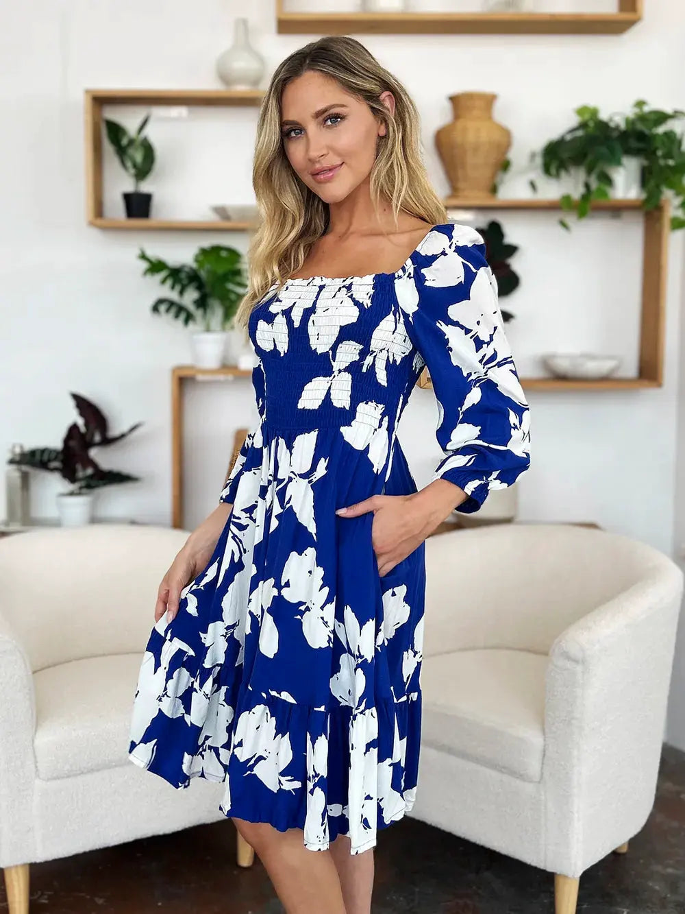 Double Take Full Size Floral Ruffle Hem Smocked Dress with Pockets by Double Take
