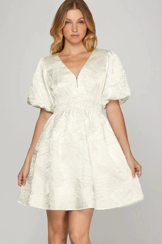 She + Sky Crinkle Woven V-Neck Balloon Sleeve Mini Dress by She + Sky