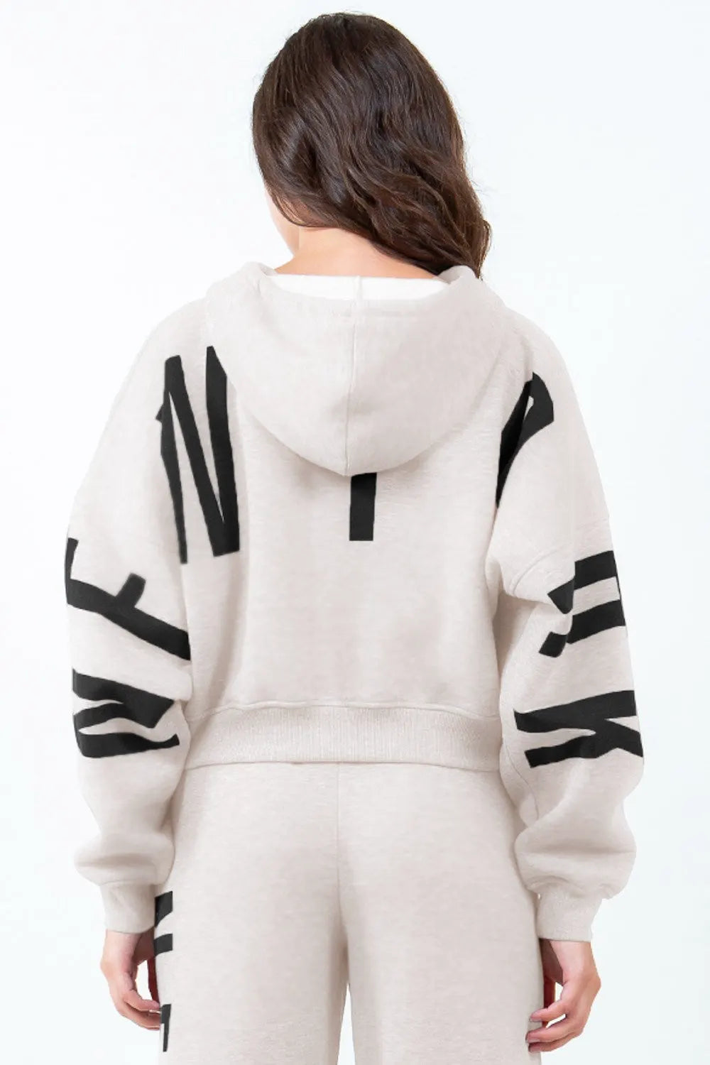 American Bazi Letter Graphic Long Sleeve Drawstring Cropped Hoodie by American Bazi