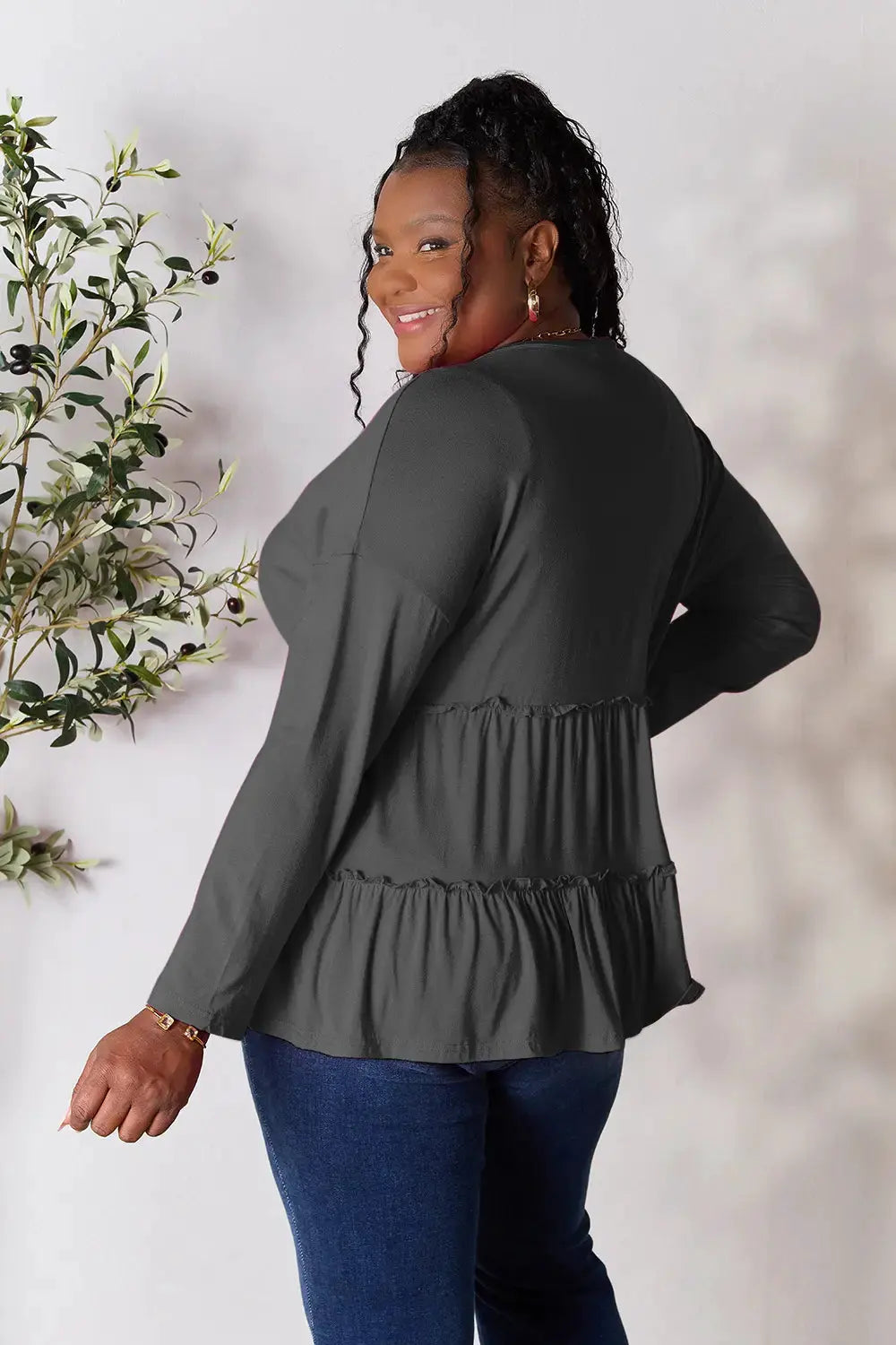 Double Take Half Button Long Sleeve Ruffle Hem Blouse by Double Take
