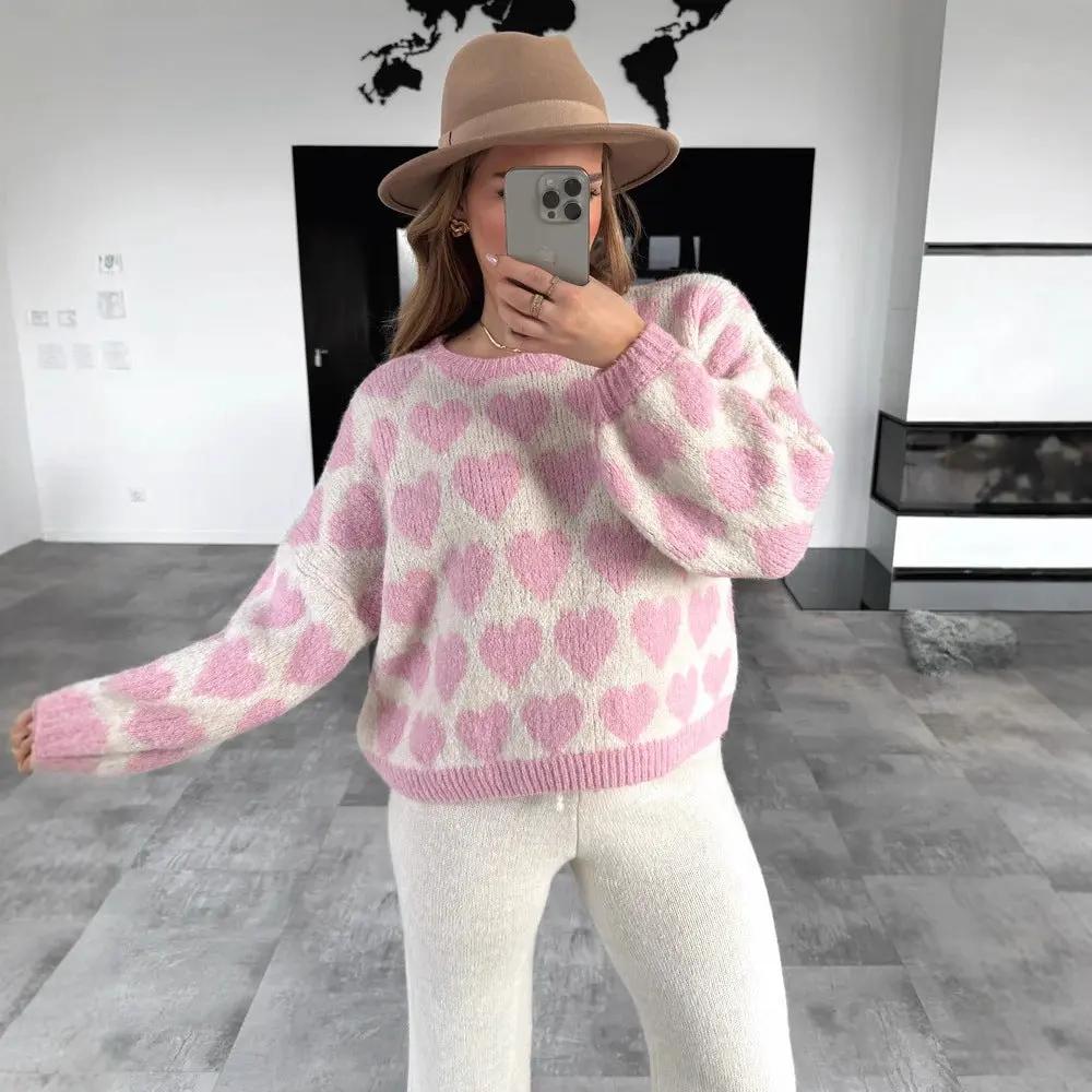 Heart Jacquard Color Contrast Short Knitted Valentine's Day Sweater by Maiden-Art