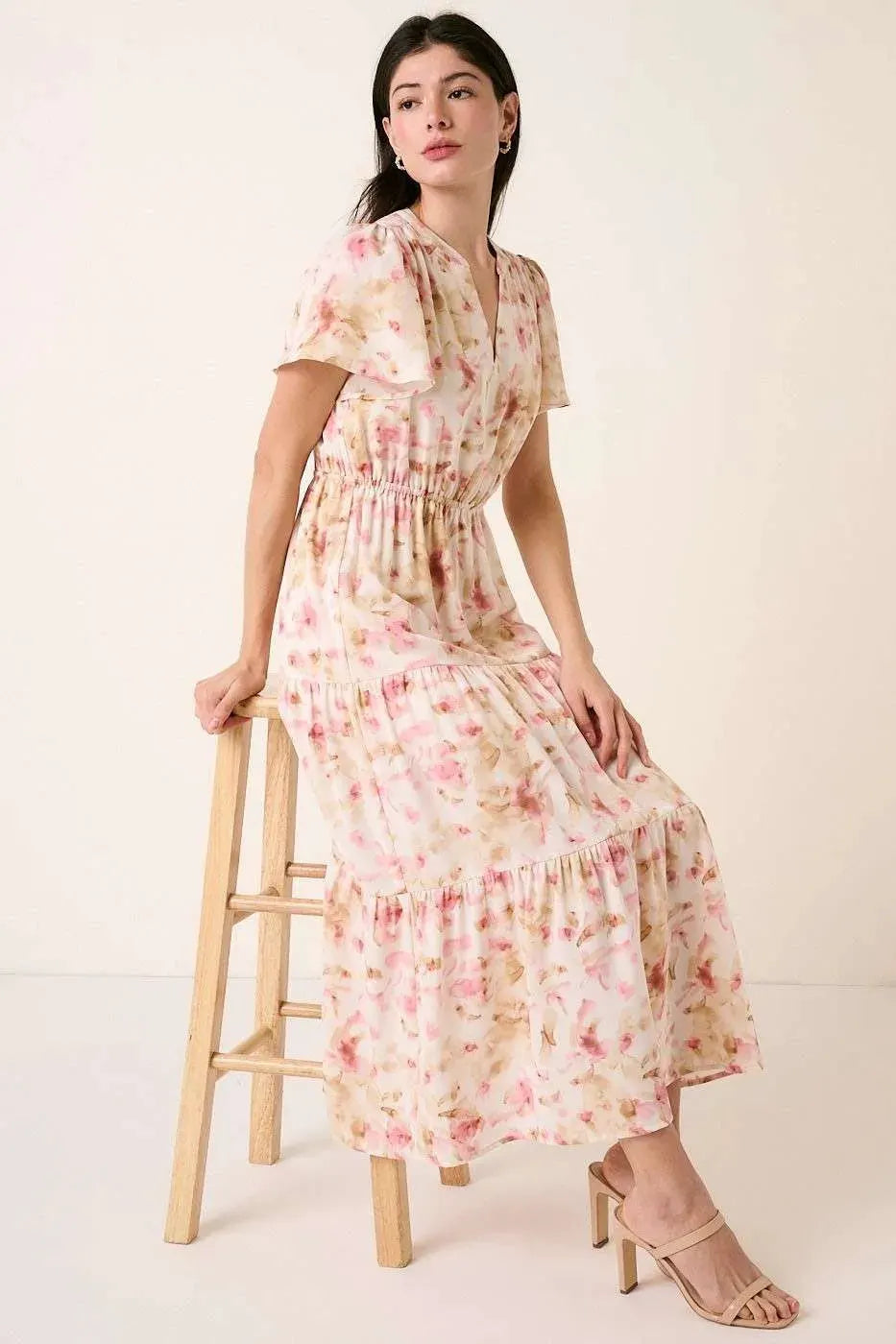 Mittoshop Flower Print Flutter Sleeve V Slit Maxi Dress by Mittoshop