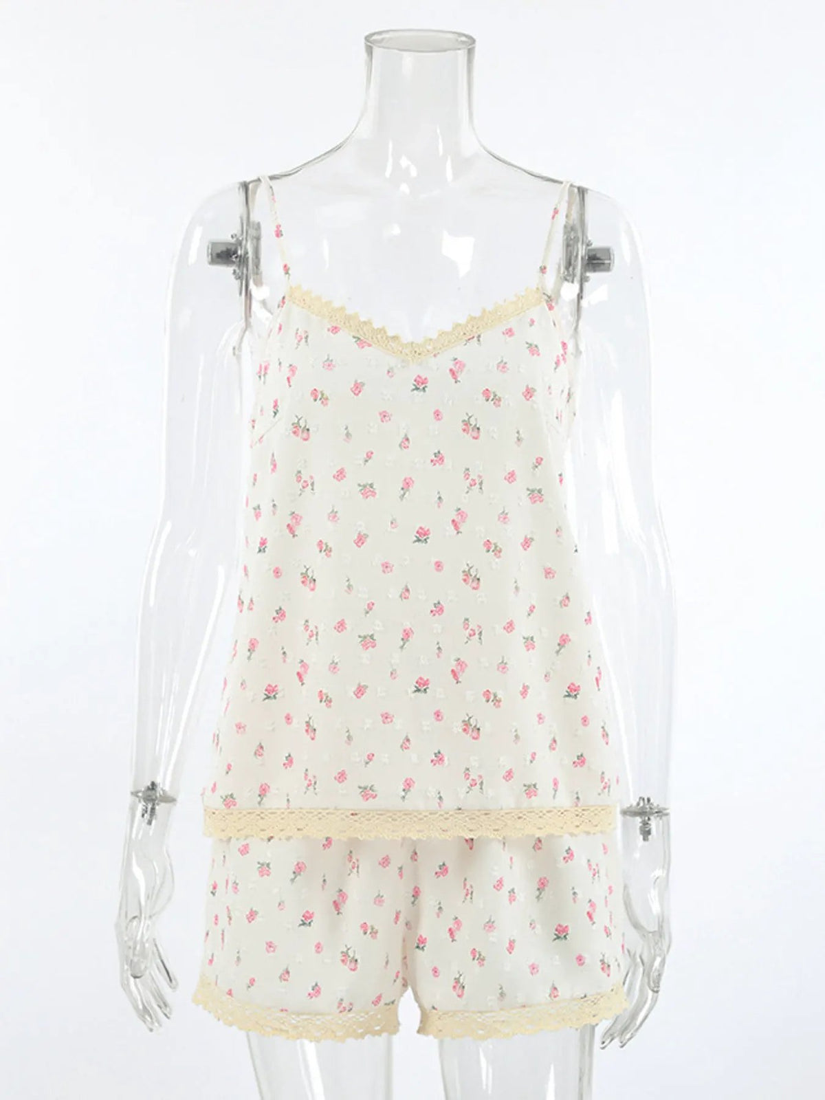 Floral Print Lace Trim Cami and Shorts Set by Partner Label
