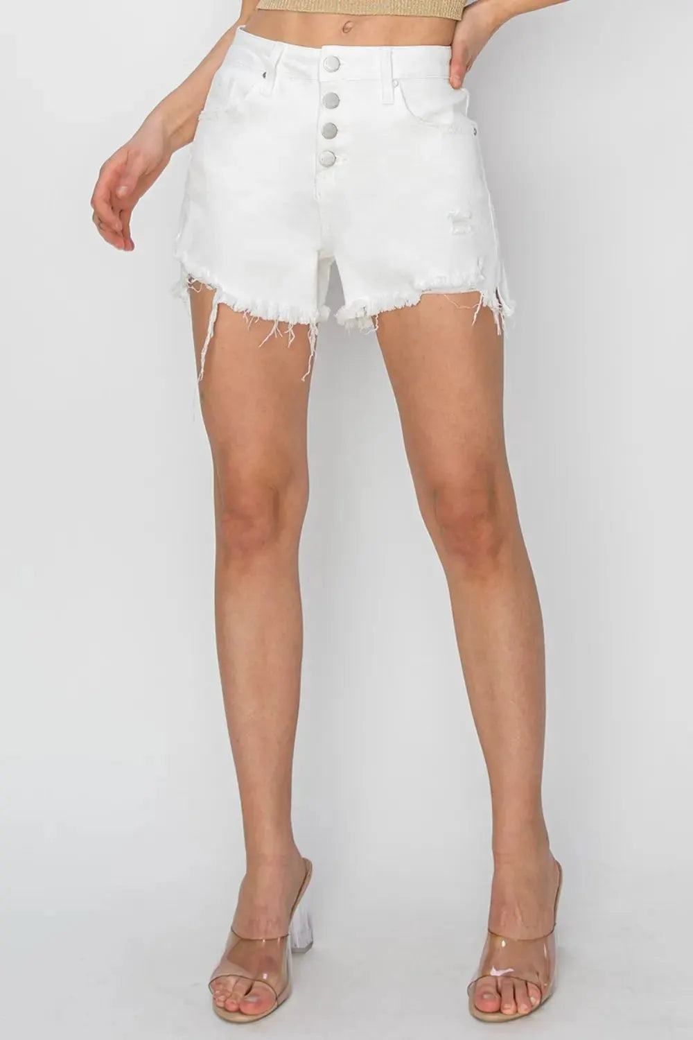 RISEN Button Fly Frayed Hem Denim Shorts by RISEN