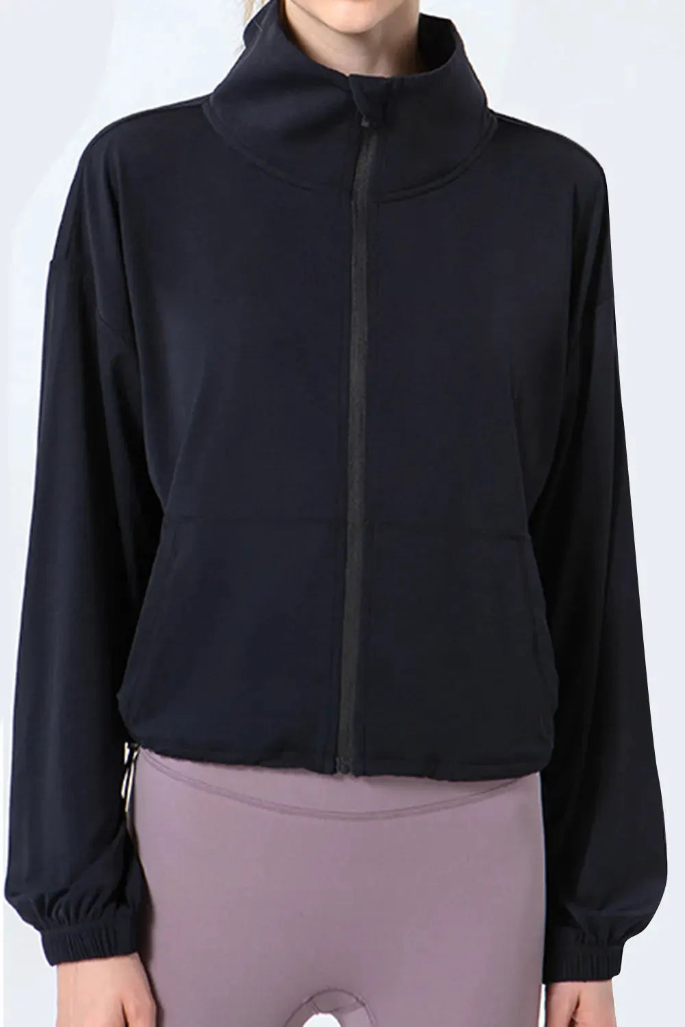 Drawstring Zip Up Dropped Shoulder Active Outerwear by Partner Label