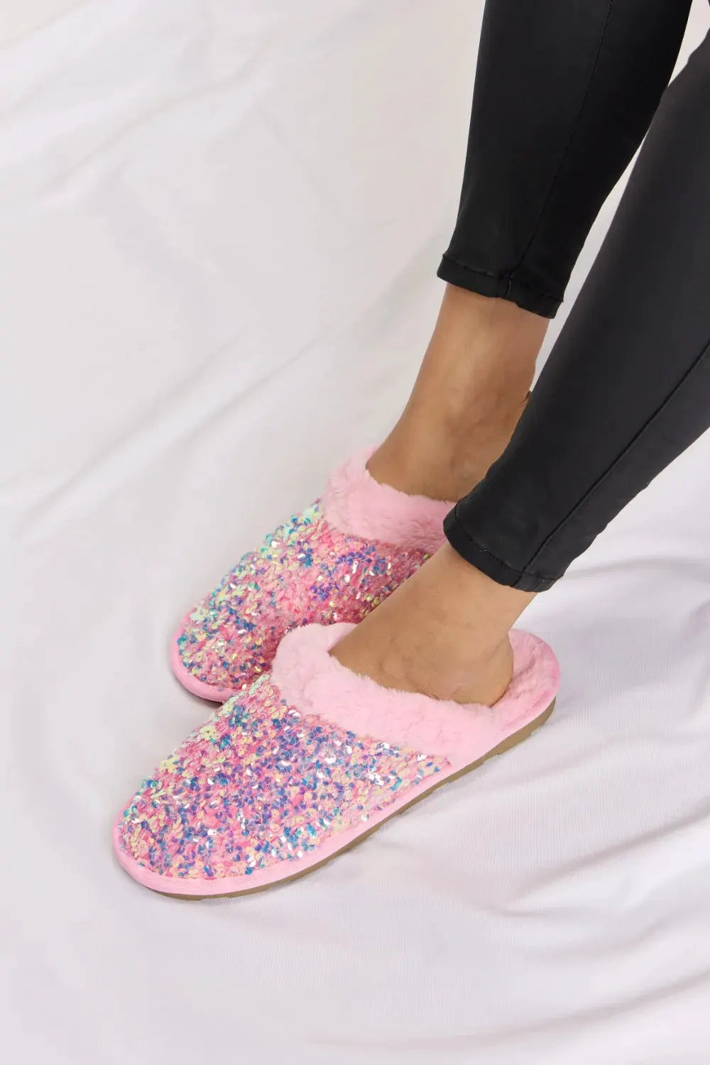 Forever Link Sequin Plush Round Toe Slippers by Forever Link