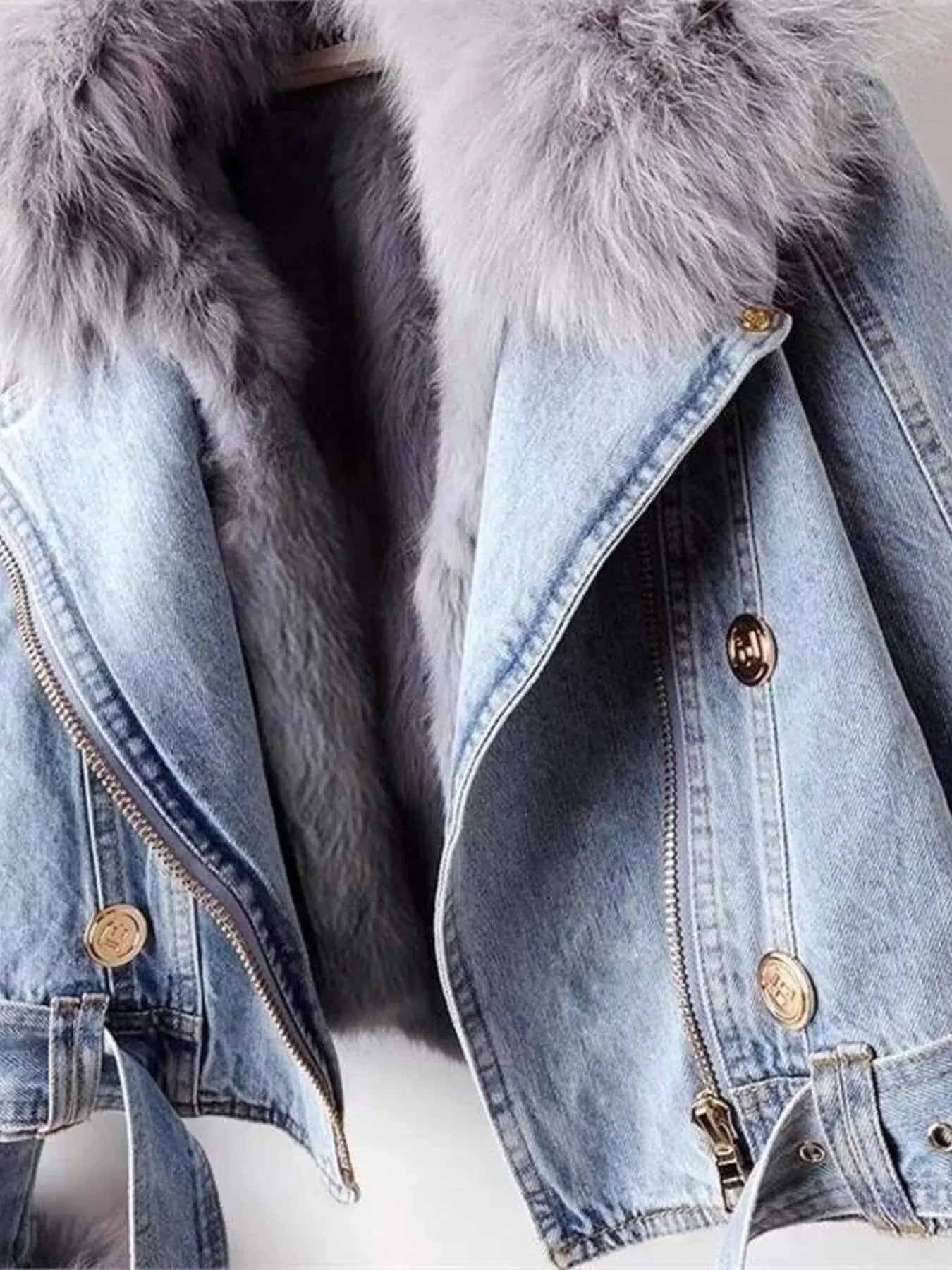 Full Size Faux Fur Collar Denim Jacket Plus Size by Partner Label