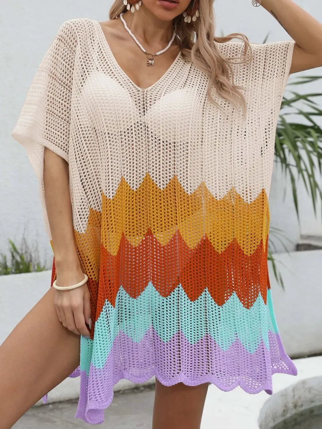 Openwork V-Neck Half Sleeve Cover-Up by Partner Labels