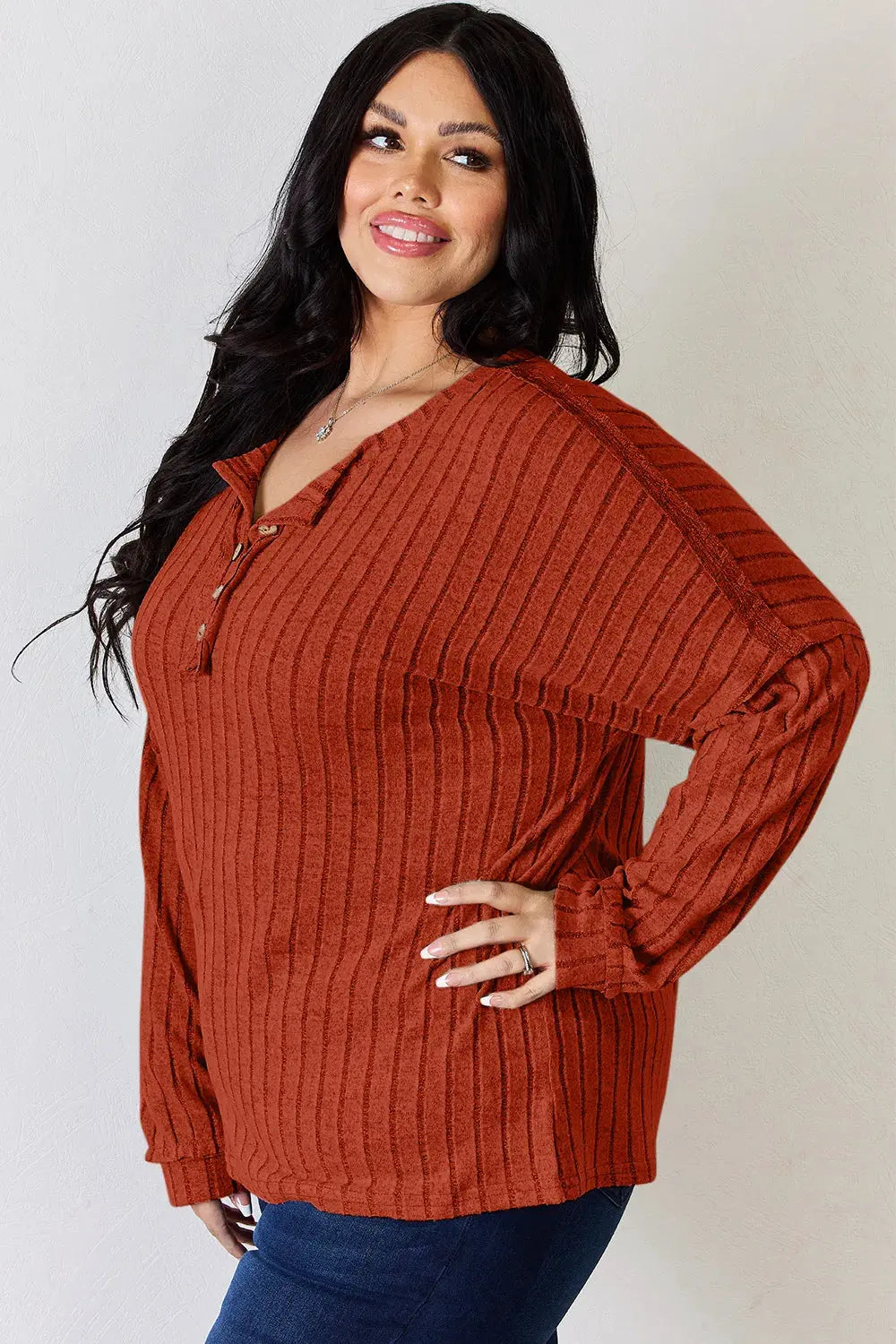 Basic Bae Full Size Ribbed Half Button Long Sleeve T‑Shirt | Partner Labels Selection by Partner Label