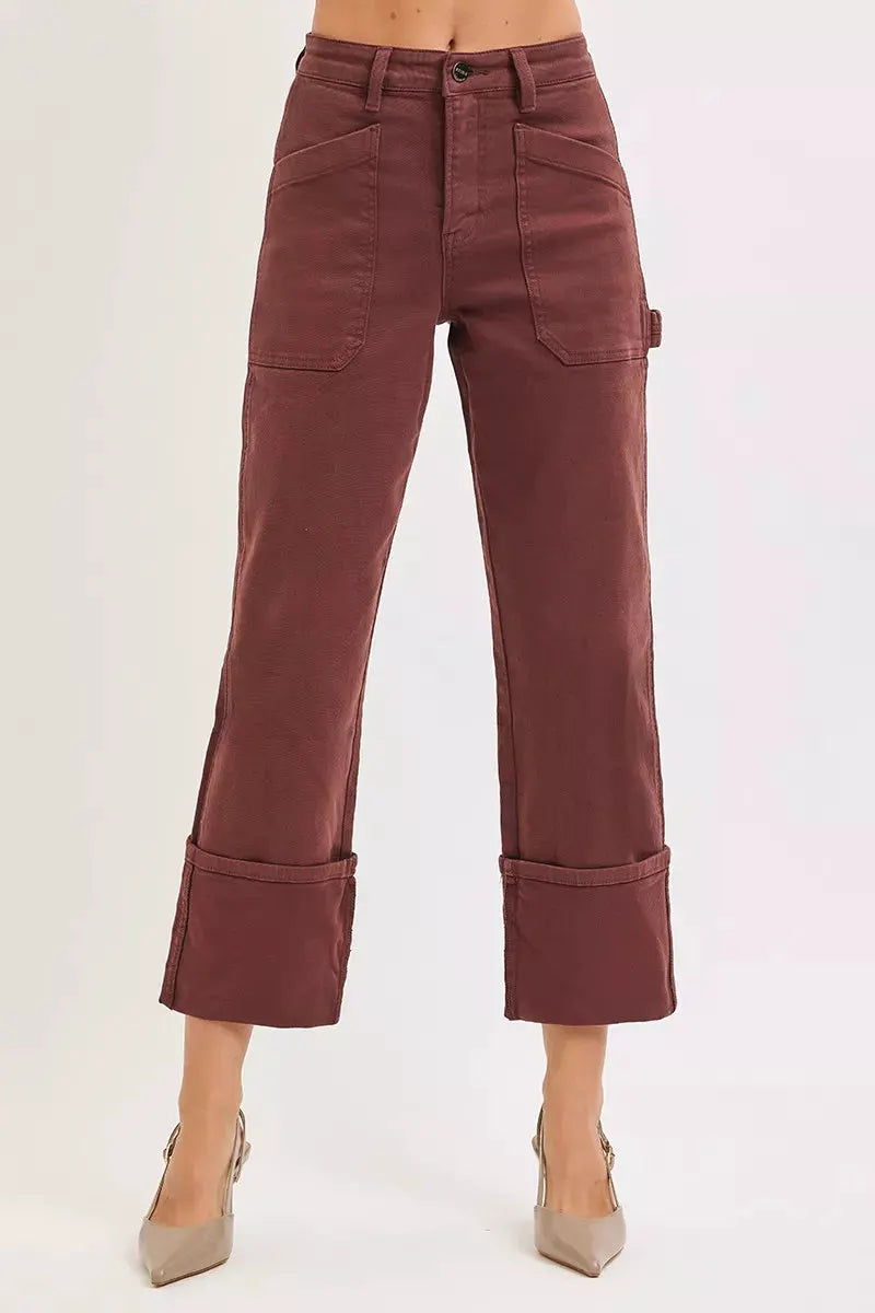 RISEN Full Size High Rise Wide Straight Cuffed Patch Jeans Plus Size by RISEN