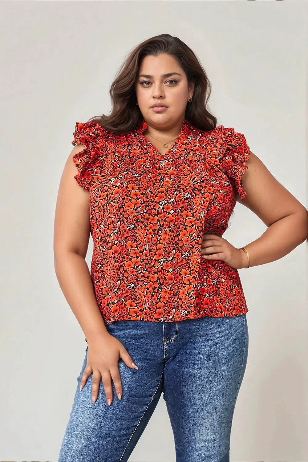 Double Take Floral Flutter Sleeve Notched Neck Blouse by Double Take