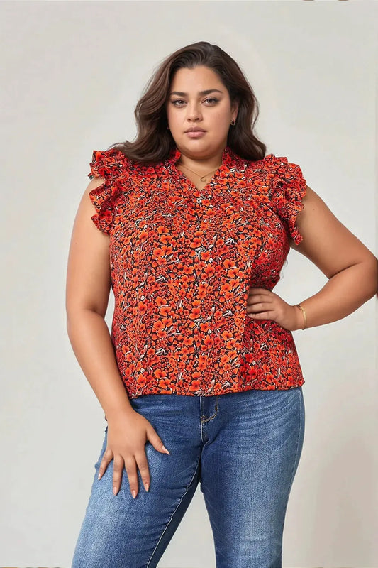 Double Take Floral Flutter Sleeve Notched Neck Blouse by Double Take
