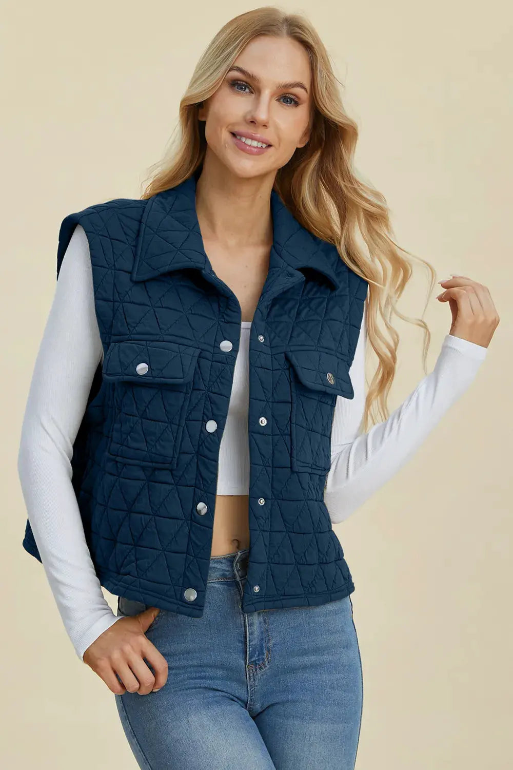 Double Take Full Size Pocketed Texture Snap Down Vest Coat by Double Take