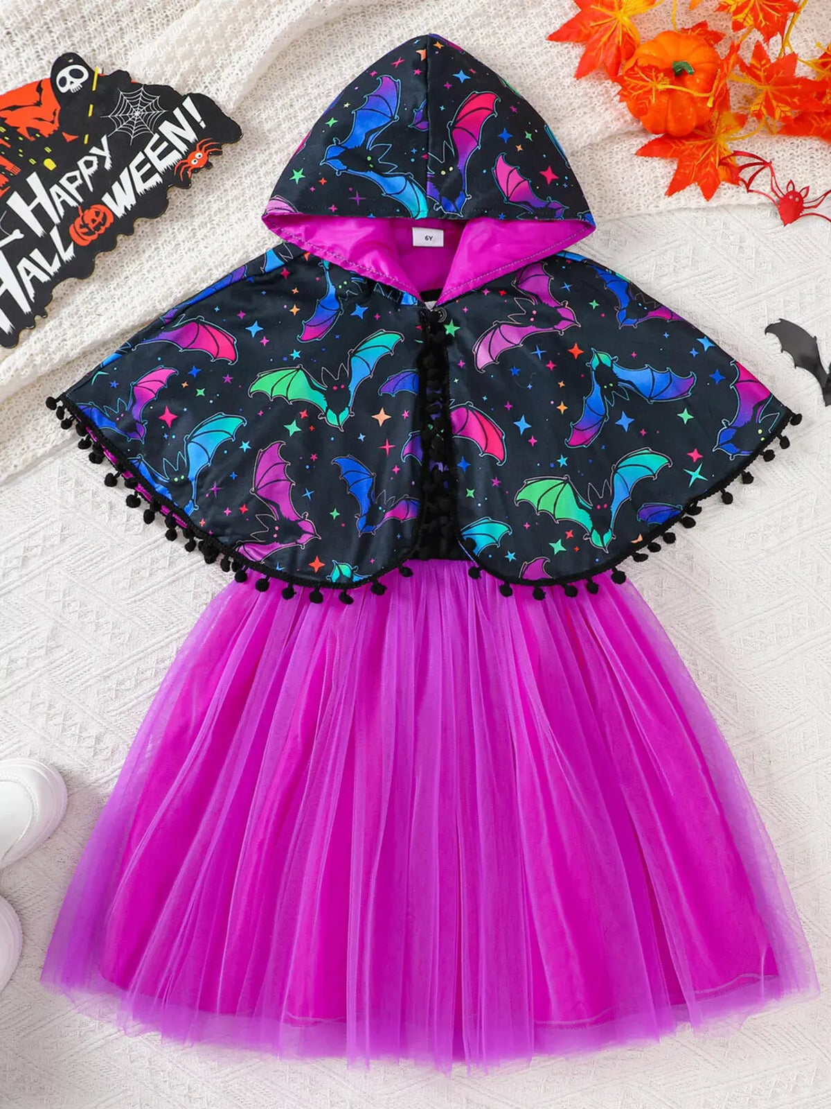 Children's Halloween Bat Print Hooded Cape and Tulle Dress Set by Trendsi