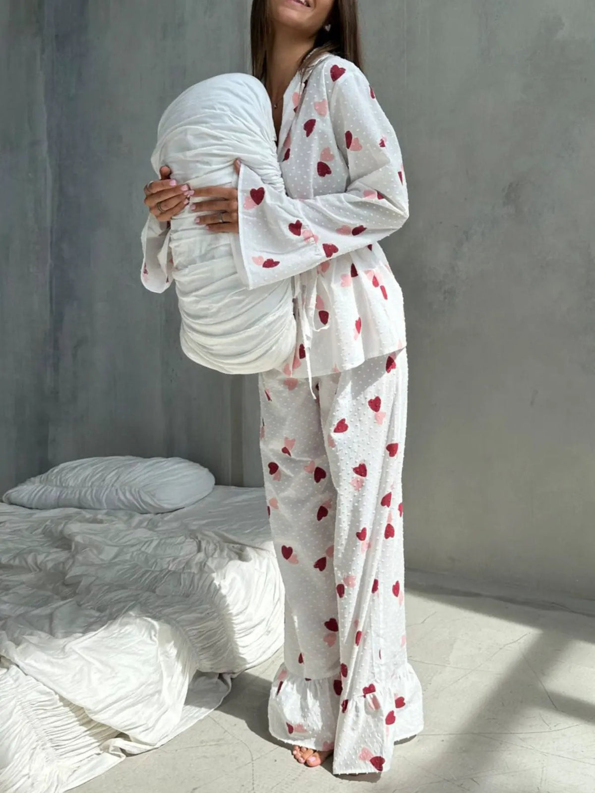 Heart Print Long Sleeve and Pants Lounge Set by Partner Label