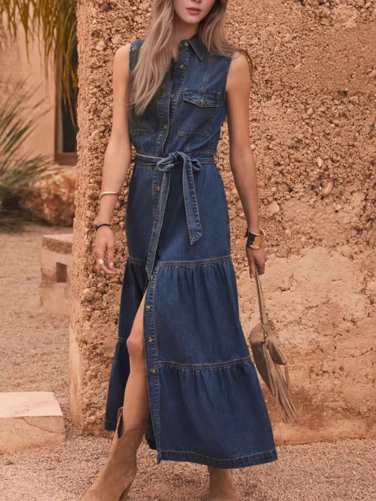 Button Front Sleeveless Denim Dress by Partner Label