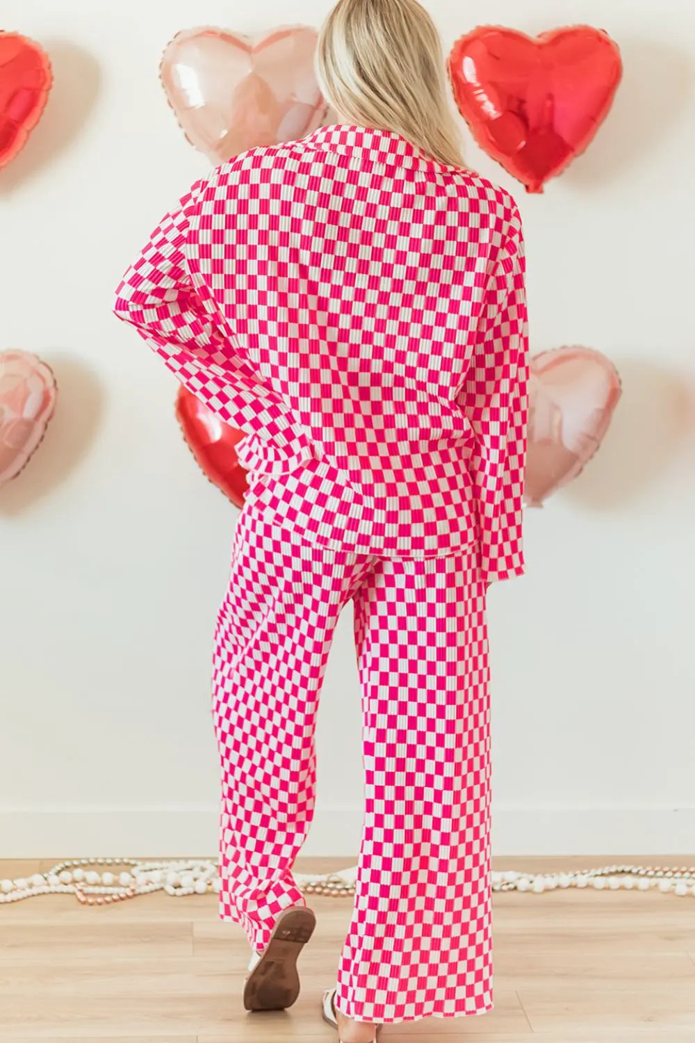 Checkerboard Print Long Sleeve Top and Pants Set by Partner Label
