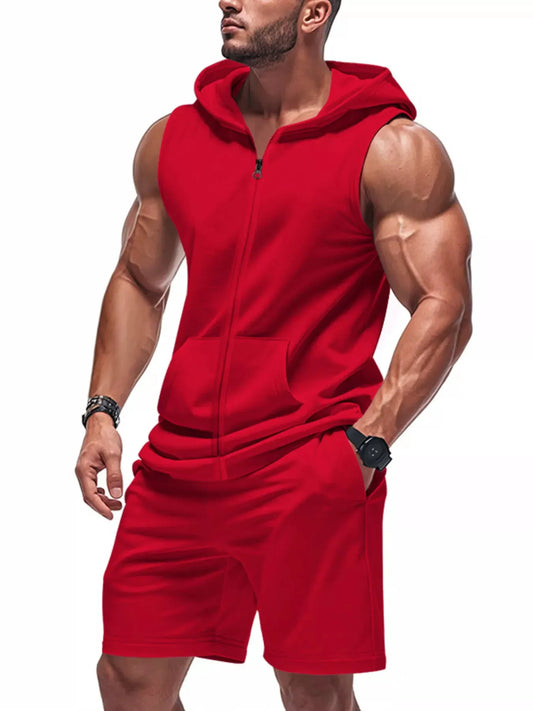 Men's Full Size Zip Up Sleeveless Hoodie & Shorts Set Plus Size by Partner Label
