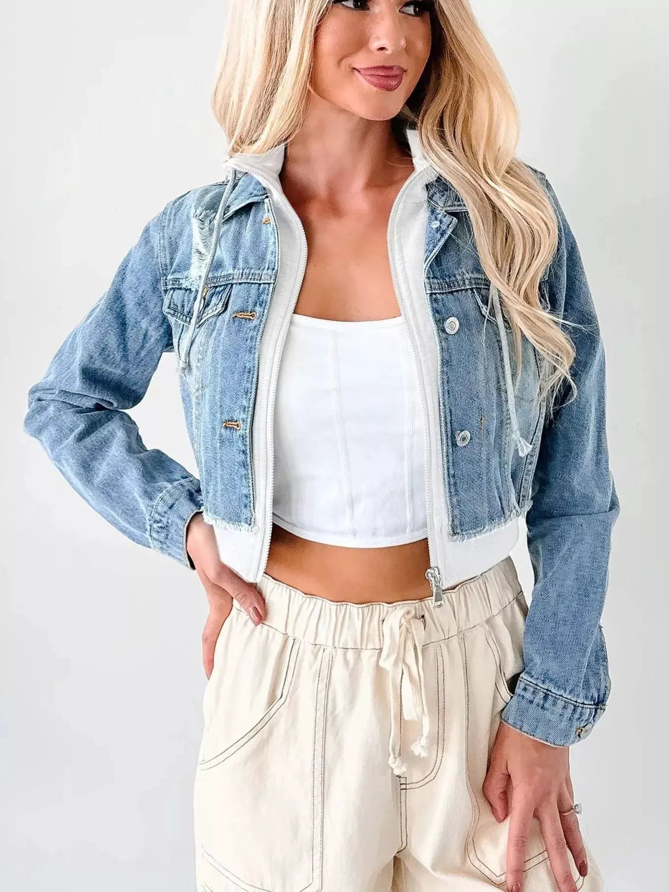 Distressed Zip Up Cropped Hooded Denim Jacket by Partner Label